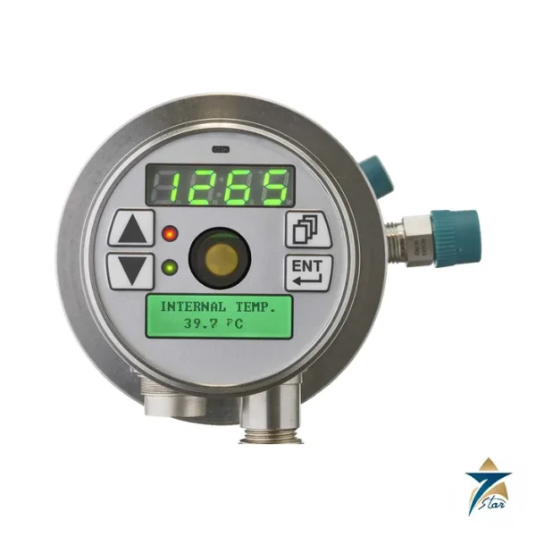 Raytek Endurance Series pyrometer head with display and cooling fittings