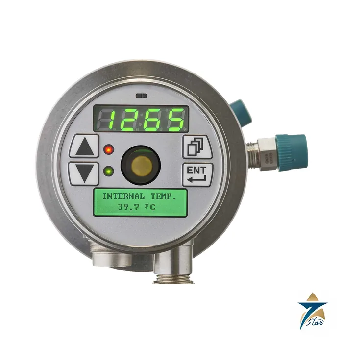 Raytek Endurance Series pyrometer head with display and cooling fittings