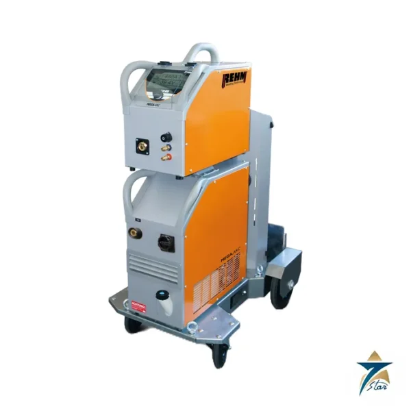 REHM MEGA.ARC P 450 WS pulse MIG/MAG welding machine with feed case on trolley