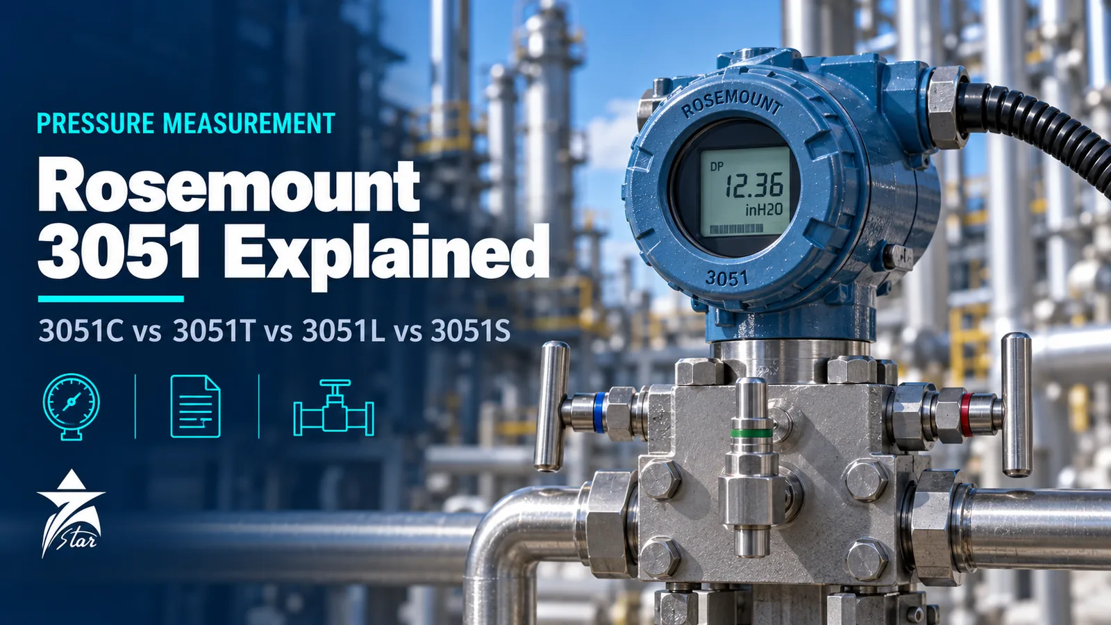 Rosemount 3051 differential pressure transmitter with integral manifold on a process line, Seven Star LLC