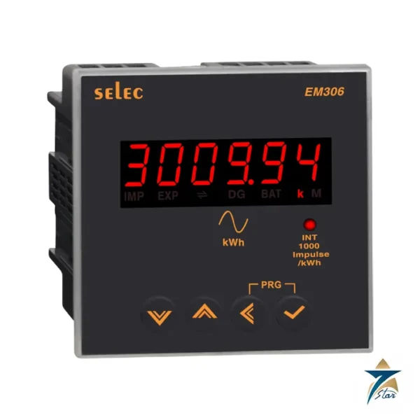 Selec EM306 96x96 mm 3-phase energy meter, 6-digit LED display (EM306 family image)