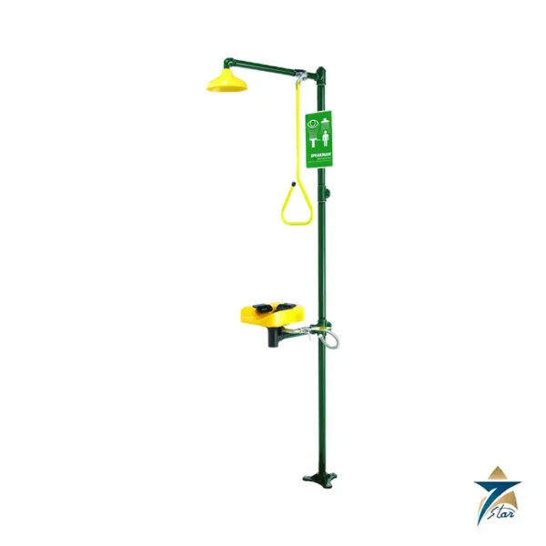 Speakman Optimus SE-1200 combination emergency shower with yellow plastic eye and face wash bowl