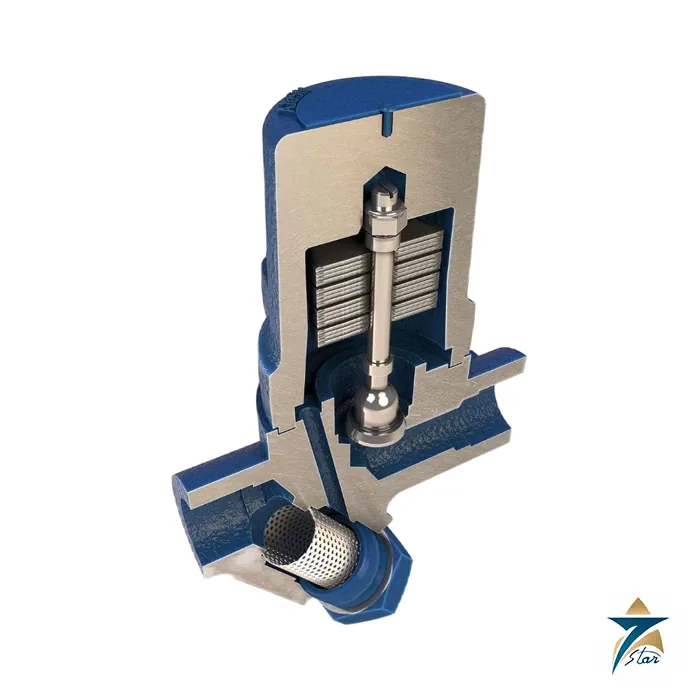 Spirax Sarco SMC32Y carbon steel bimetallic steam trap, factory cutaway view showing the bimetallic element and Y strainer