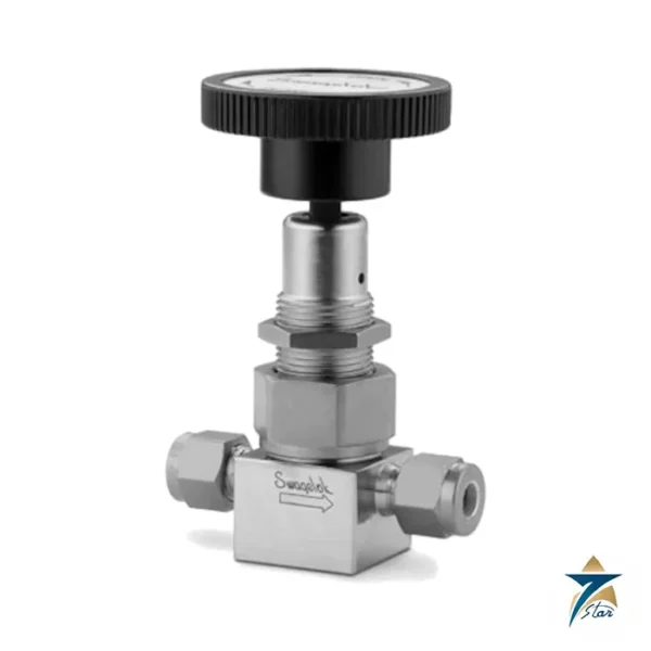 Swagelok SS-4BG 316 stainless steel bellows-sealed valve with green round handle, 1/4 in. Swagelok tube fitting