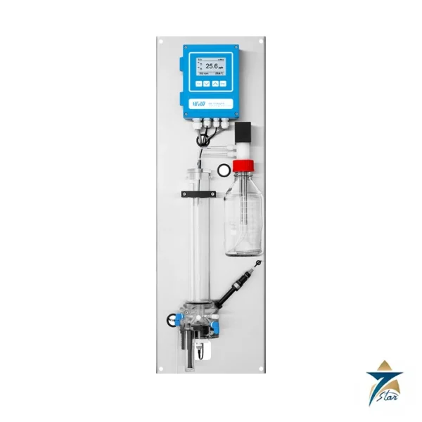 Swan AMI Hydrazine analyzer on stainless steel panel with diisopropylamine bottle