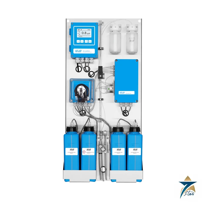 swan-ami-silitrace Swan AMI Silitrace silica analyzer on stainless steel panel with reagent bottles