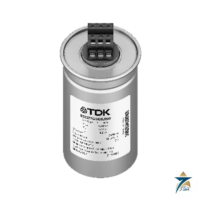 tdk-b32377g1426j000 TDK FilterCap B32377G1426J000 three-phase gas-filled AC capacitor (photo of the can; label shows 3x42 uF)