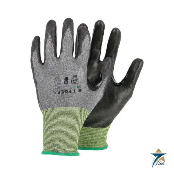 Tegera 8846 thin grey cut resistant glove with black polyurethane palm and green cuff