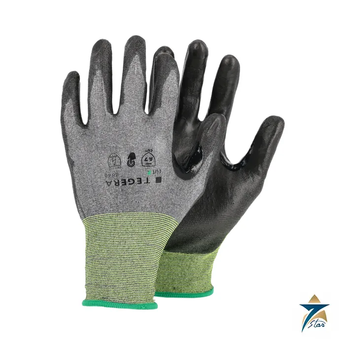 tegera-8846 Tegera 8846 thin grey cut resistant glove with black polyurethane palm and green cuff