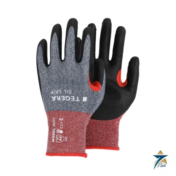 Tegera Oil Grip 8855 grey knitted cut resistant glove with black nitrile foam palm