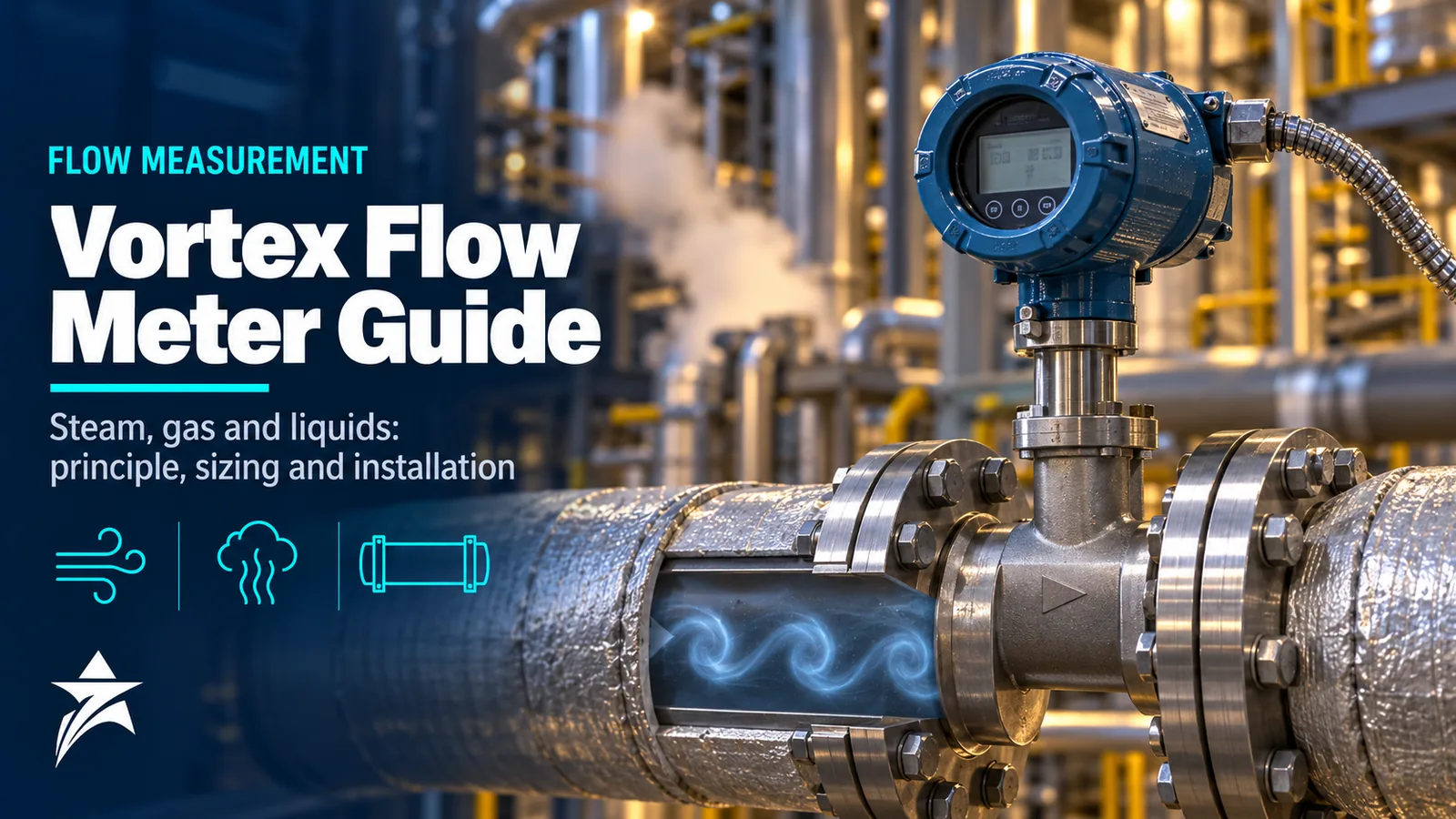 Flanged vortex flow meter on an insulated steam line with vortex street illustration, Seven Star LLC