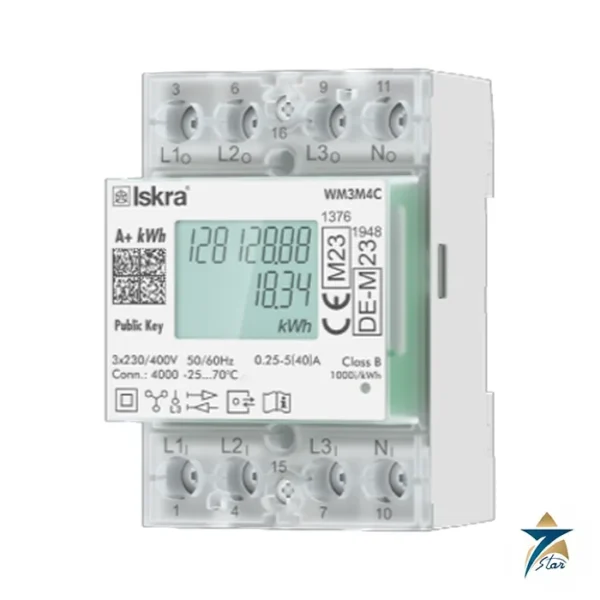 Iskra WM3M4C three-phase DIN-rail energy meter with public key QR code (the WM3M4 shares the same data sheet)